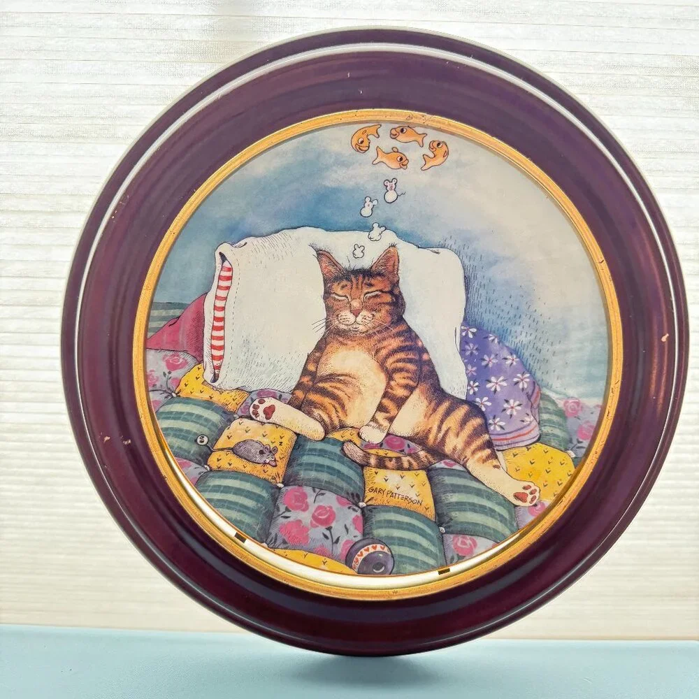 Vintage Cat Nap by‎ Gary Patterson Comical Cat in Van Hygan smythe plate frame